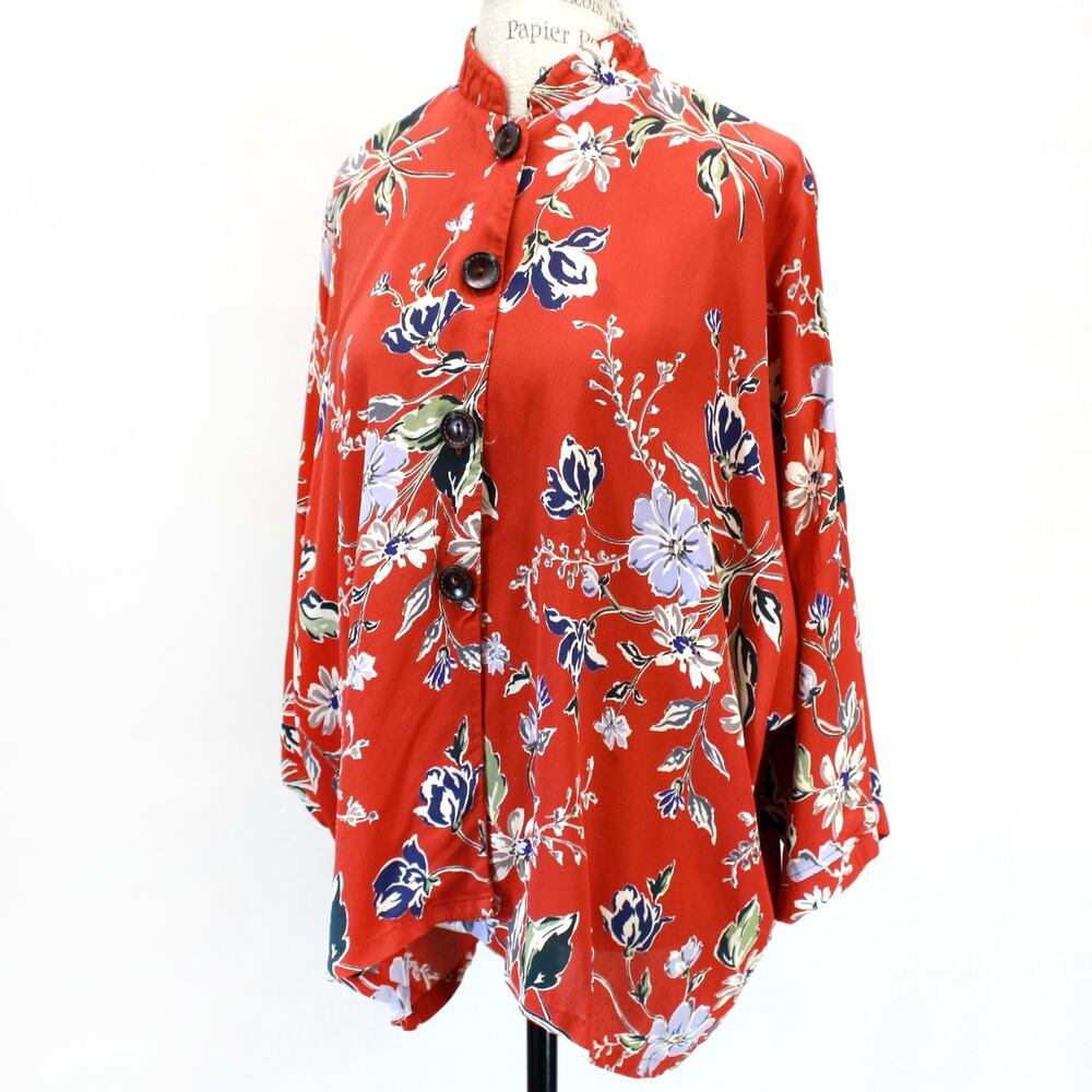 Pink Wheel Floral Print Button Blouse Rayon Crepe Lagenlook blouse top O/S XL 1X
